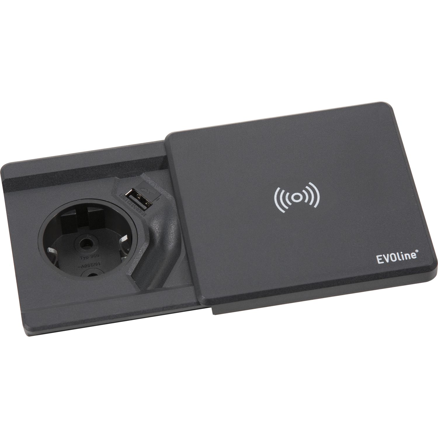 EVOline Square 80 Schuko mit USB-Charger + QI-Charger, schwarz