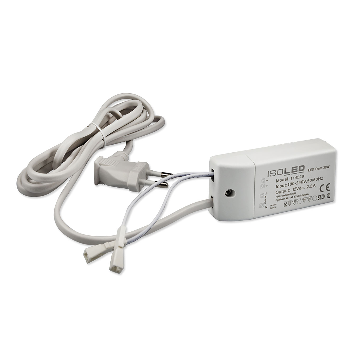 ISOLED LED Trafo MiniAMP 12V/DC 0-30W 200cm Kabel mit Flachstecker sekundär 2 female Buchsen