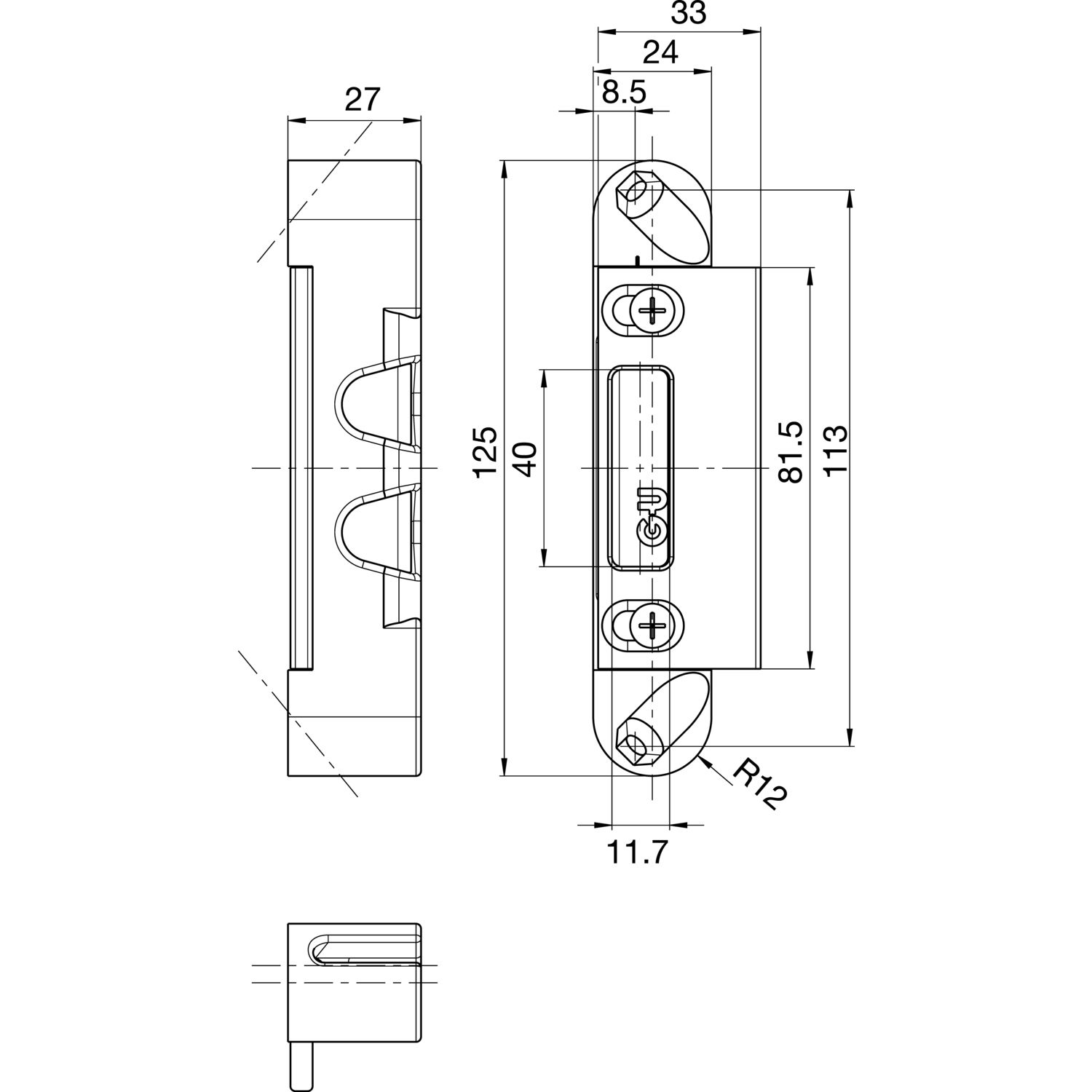 GU Lappenschließplatte für Secury zum Einfräsen, 125 x 24 x 27 mm, verstellbar