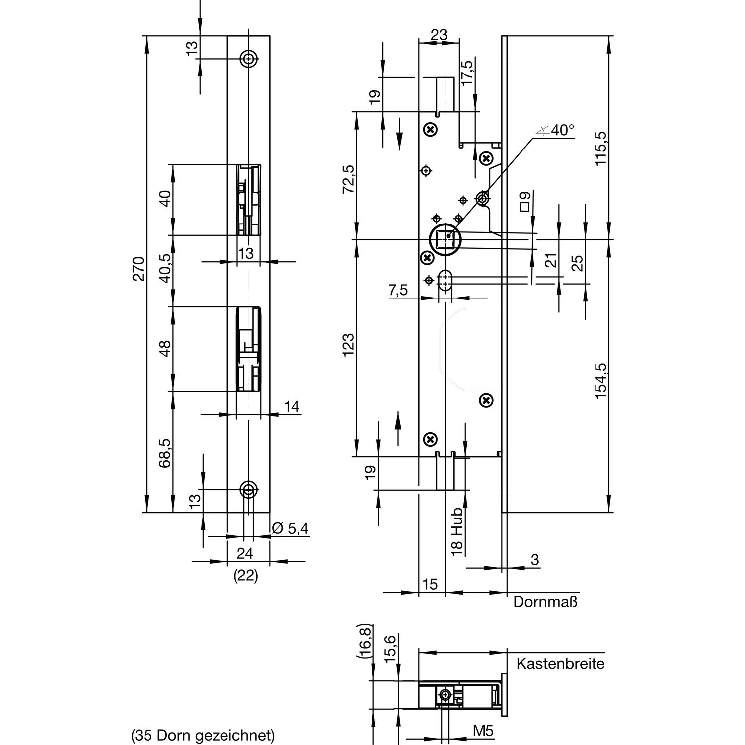 Wilka Fluchttürtreibriegel 6663, DM 35 mm, Stulp 270 x 24 x 3 mm, Edelstahl