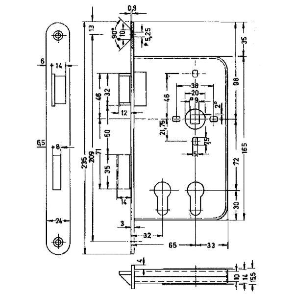 BMH Einstemmschloss 1015 PZW/2 PZ , links, DM 32/65, Edelstahl Stulp 24