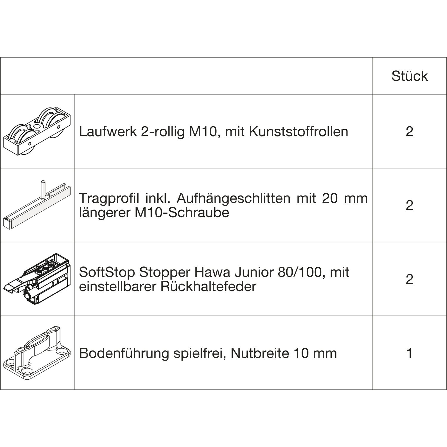 HAWA Junior 100/B Beschlagset Holz SoftStop Tragschraube 20 mm länger (30230)