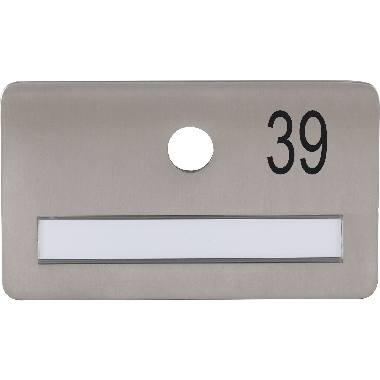 SOLIDO Namensschild ohne Spion, Bohrung ø 14, Edelstahl satiniert, Gravur Nr. 39