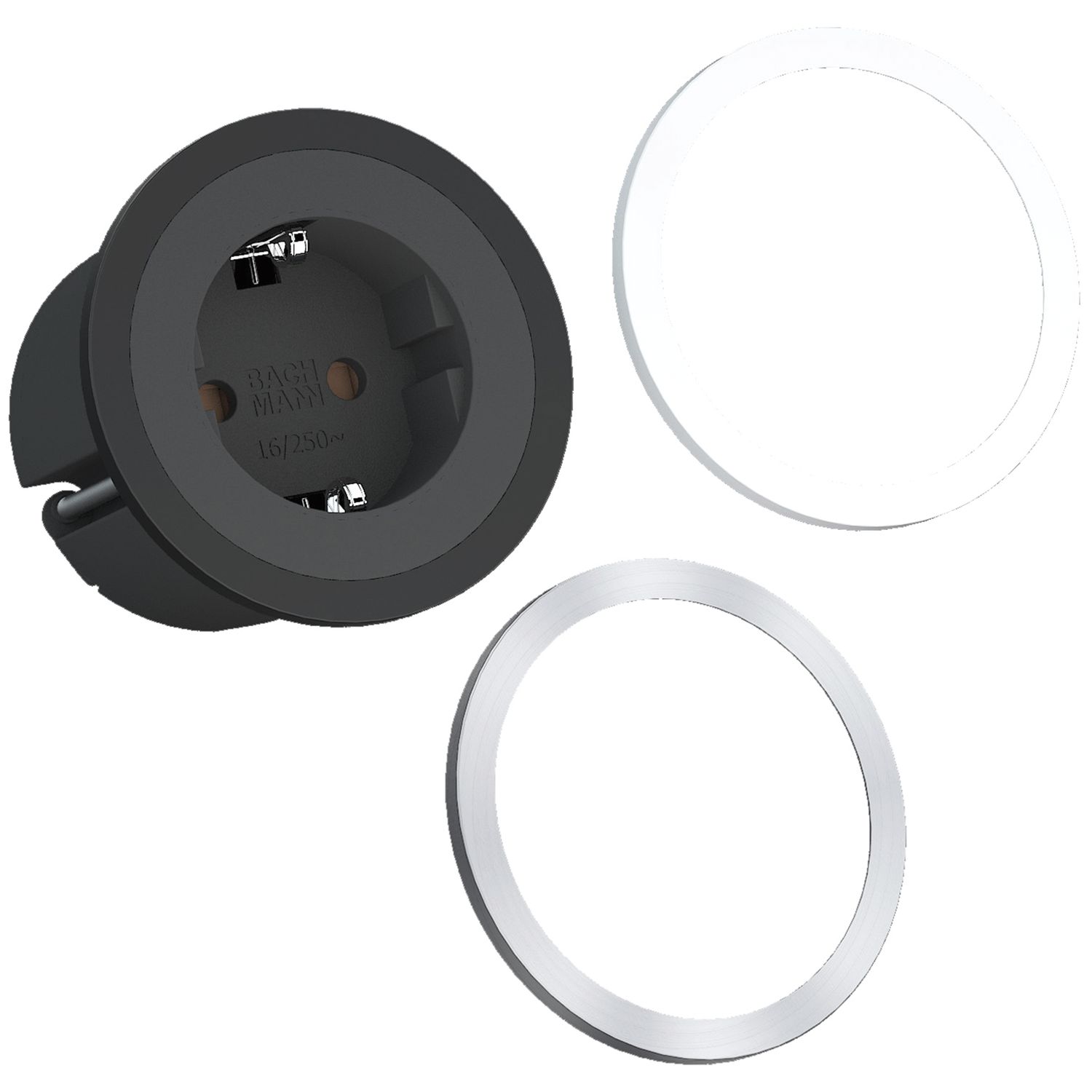 BACHMANN Steckdose PIX 1xSchuko schwarz + Zierring Edelstahl Effekt und weiß BACHMANN Steckdose PIX 1xSchuko schwarz + Zierring Edelstahl Effekt und weiß