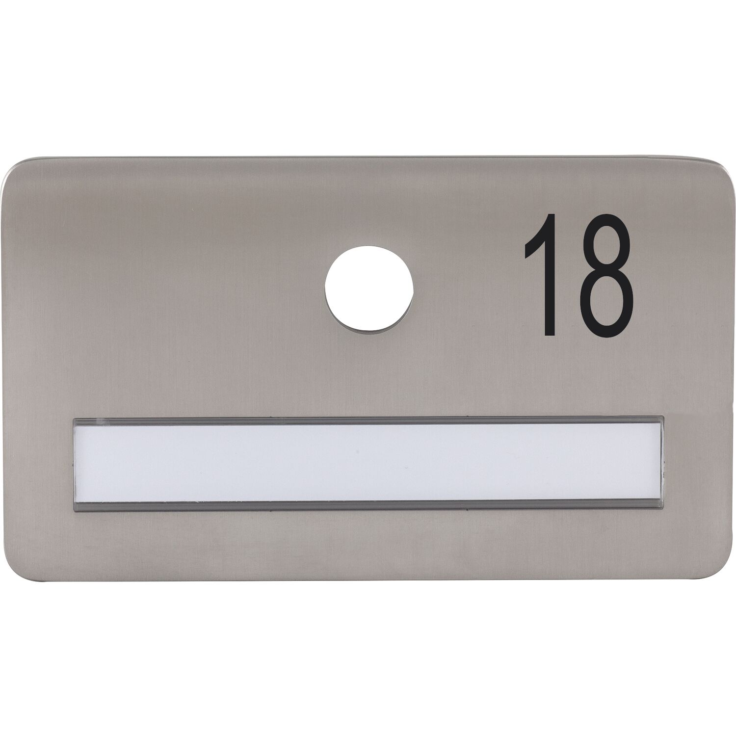 SOLIDO Namensschild ohne Spion, Bohrung ø 14, Edelstahl satiniert, Gravur Nr. 18