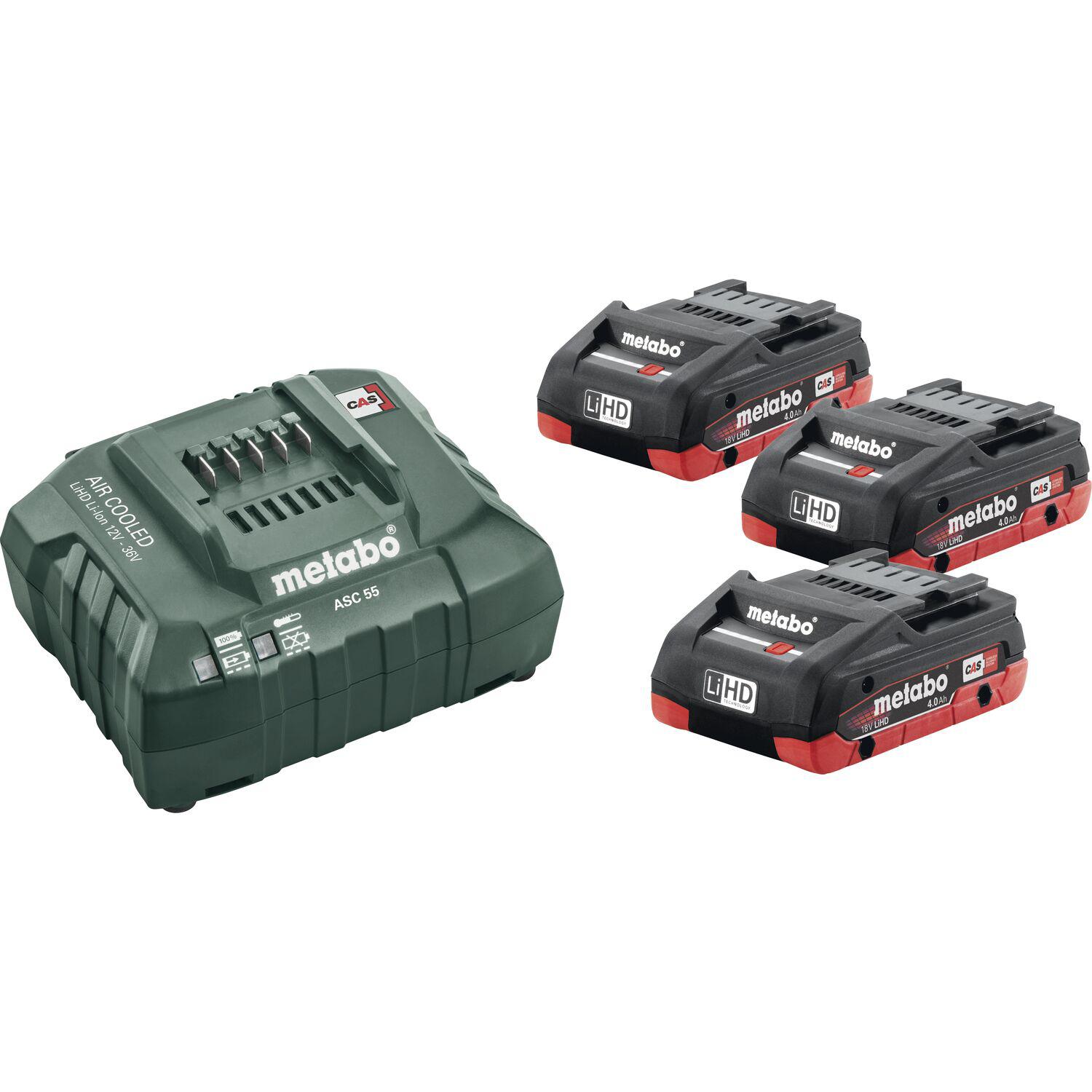 Metabo Akku-Basis-Set 3 x 18 Volt / 4,0 Ah LiHD Akkus + ASC 55 Ladegerät