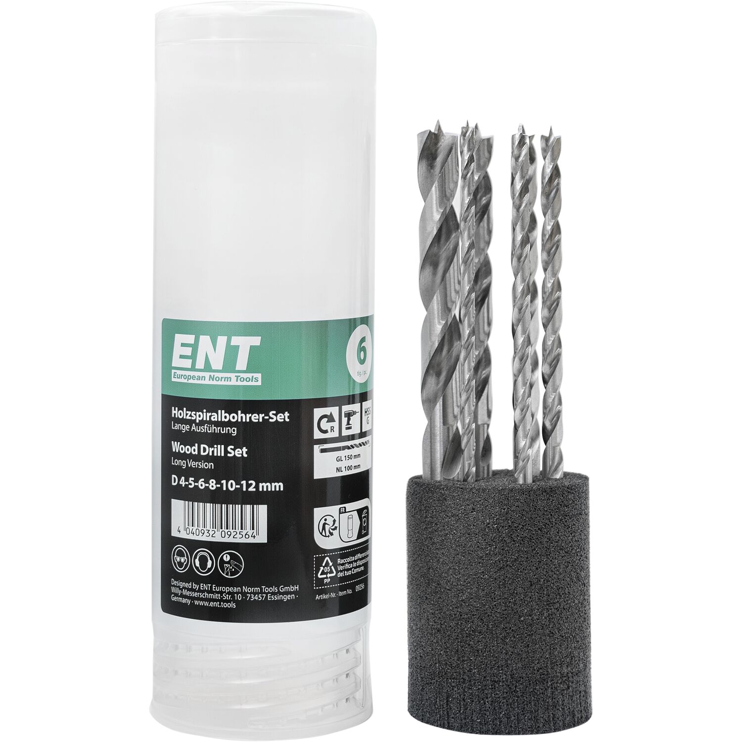 ENT Holzspiralbohrer-Kassette HSS-G Bohrer ø 4-12 mm 6-teilig