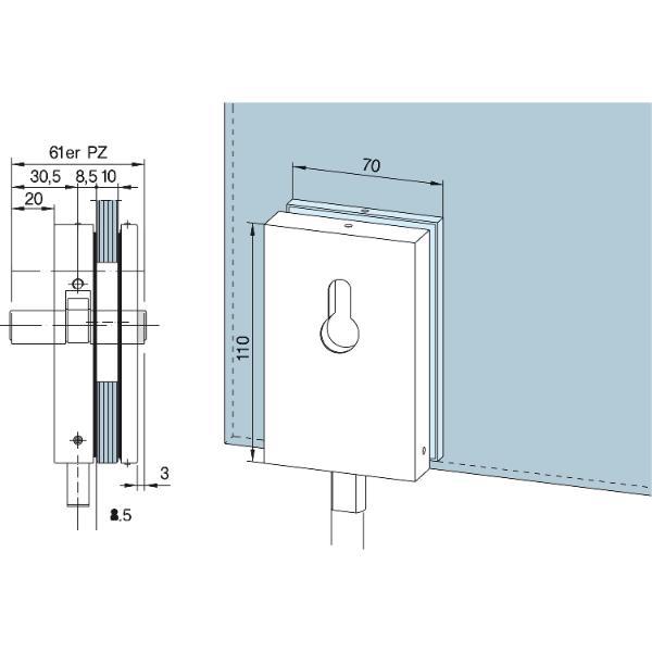 DORMA-Glas DORMA-Glas Eckschloss SG, PZ-vorgerichtet, 8 - 12 mm, (05.100) silber eloxiert
