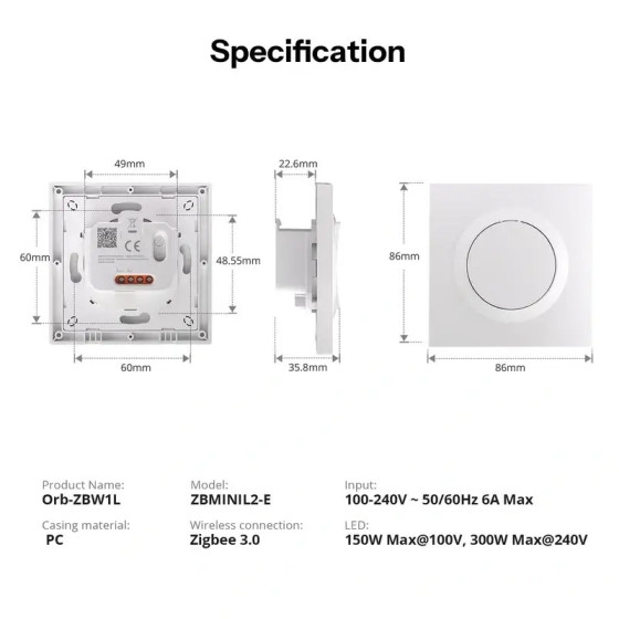 Sonoff Fusion Serie Orb-ZBW1L Zigbee Intelligenter Wandschalter ZBMINIL2-E