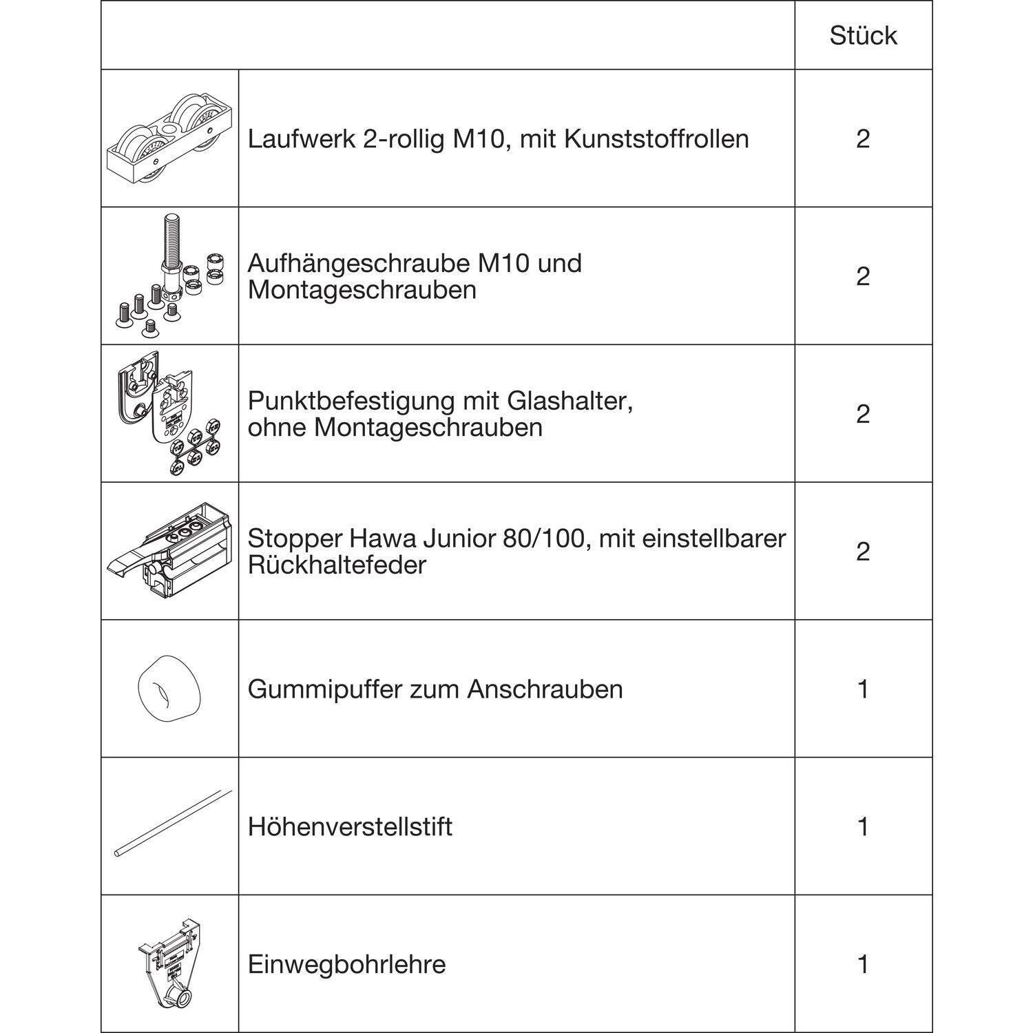 Hawa HAWA Junior 80/GP Beschlagset Glas ESG/VSG 8-12 mm ohne Laufschiene