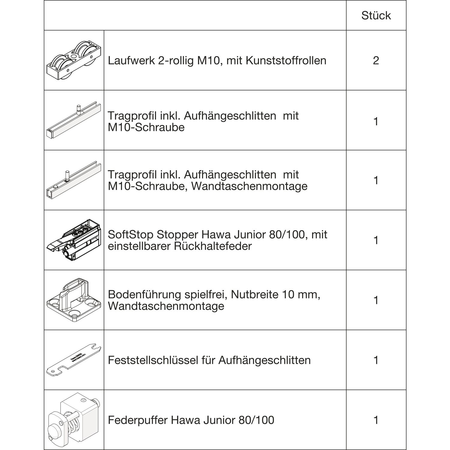 HAWA Junior 100/B-Pocket Beschlagset Holz SoftStop Federpuffer (30250)
