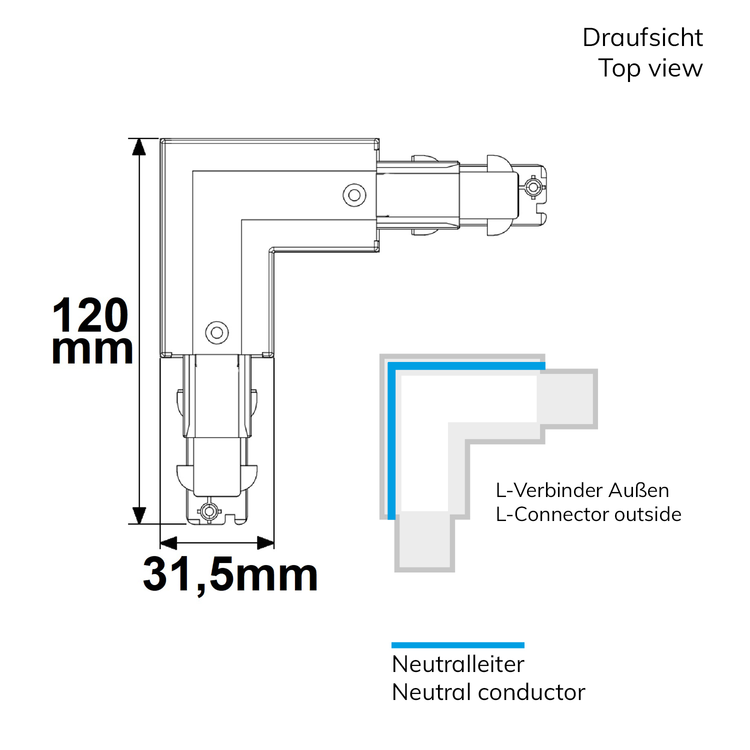 ISOLED 3-Phasen DALI L-Verbinder für Aufbauschiene N-Leiter außen schwarz