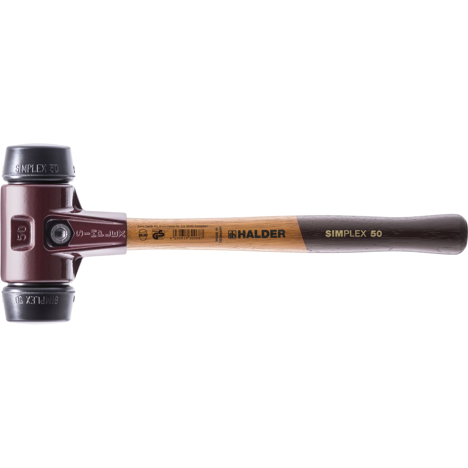 Halder Schonhammer Temperguss Kopf ø 60 mm Gummi schwarz Hickory Stiel