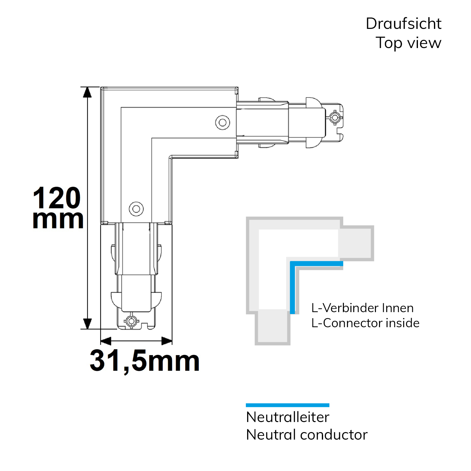 ISOLED 3-Phasen DALI L-Verbinder für Aufbauschiene N-Leiter innen schwarz