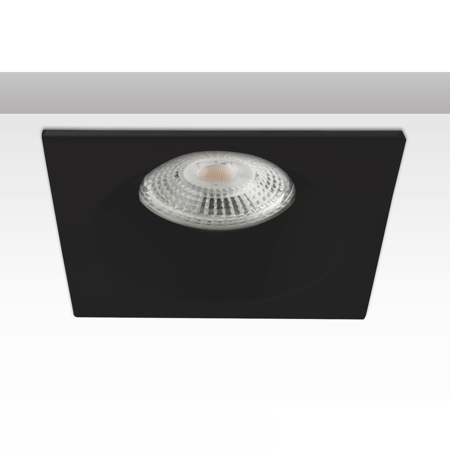 ISOLED Einbaurahmen eckig mit Glaslinse Loch 72mm schwarz für GU10/MR16 Spots
