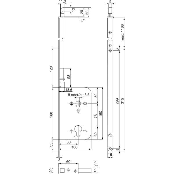 Schiebetür Stangenschloss Silent Stop, PZW, DM 60, Stulp 315 x 16 mm, verzinkt