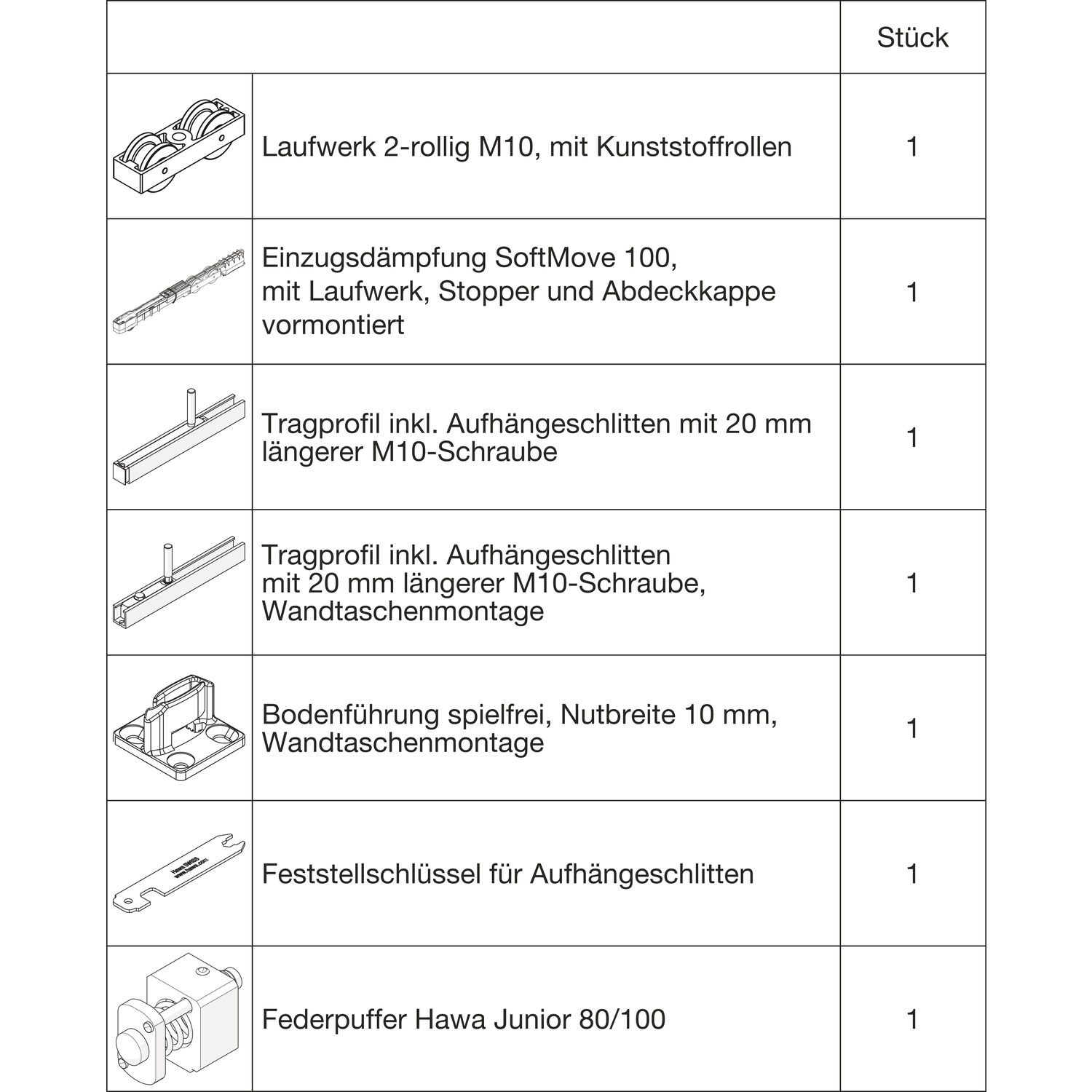 HAWA Junior 100/B-Pocket Beschlagset Holz SoftMove Federpuffer +20 mm (30265)