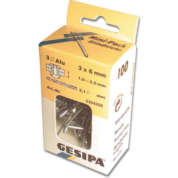 ISO15977 GESIPA Blindniete Mini-Pack 3.0X 8 Aluminium/Stahldorn Flachkopf